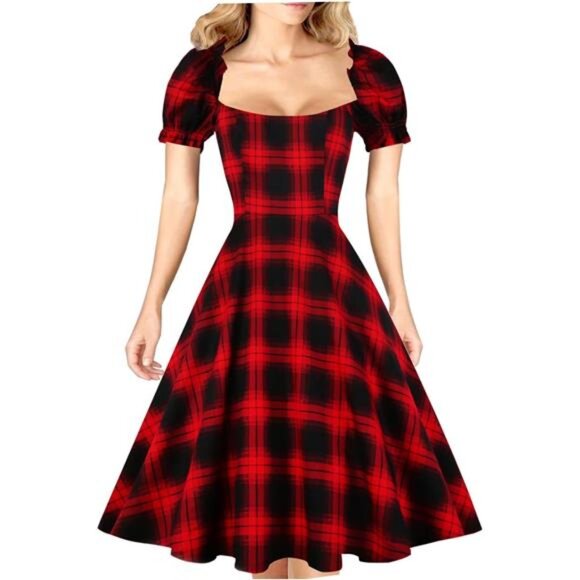 Dresses & Skirts - Women's Puff Short Sleeve 1950s Party Dresses  Z-black Red Plaid